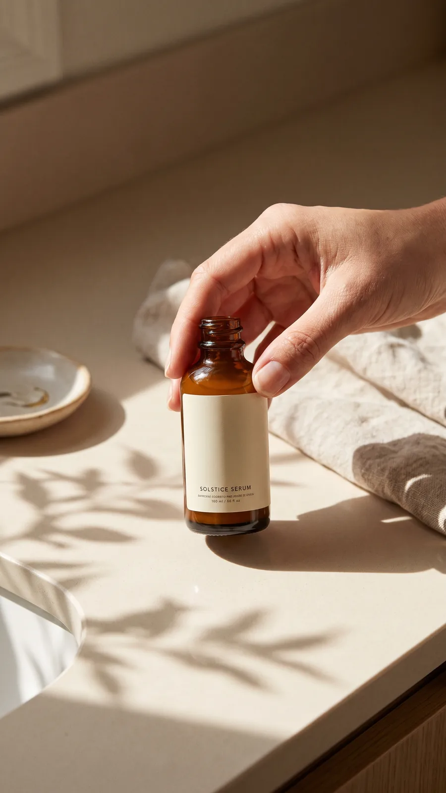 Lifestyle ad photo of a hand holding a serum bottle in morning light
