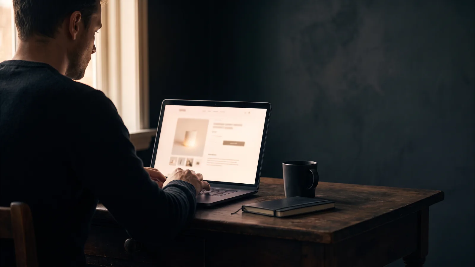 Person working at a desk reviewing an online store on a laptop