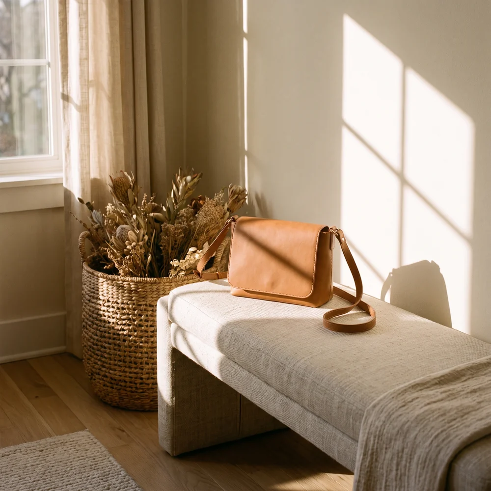 Leather bag photographed in natural light on a linen bench