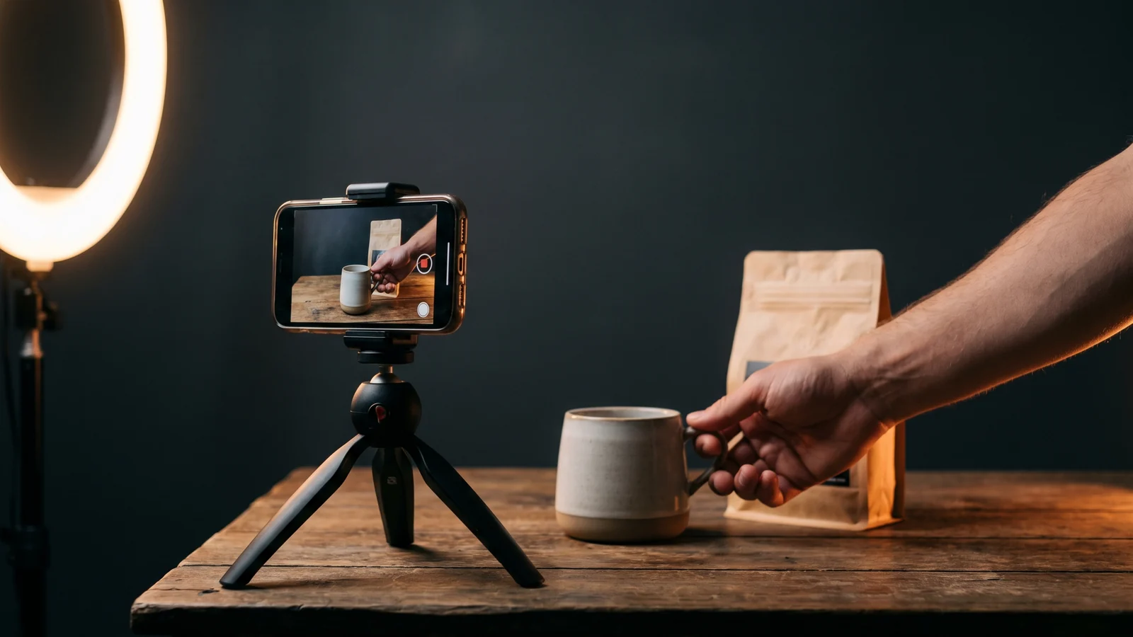 A phone on a tripod filming a product for short video